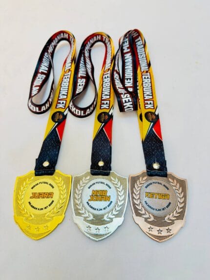 Gold silver and bronze metal medals with shield shapes and custom double-sided printed lanyards