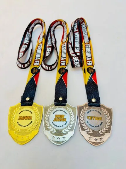 Gold silver and bronze metal medals with shield shapes and custom double-sided printed lanyards