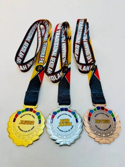 Gold silver and bronze laurel-wreath metal medals with circular centres and custom double-sided printed lanyards