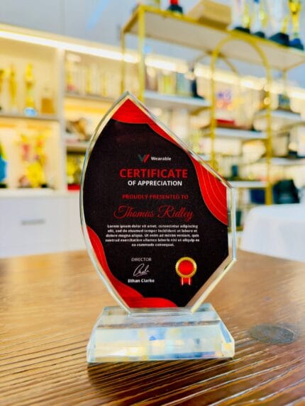 Custom red and black crystal appreciation plaque with asymmetric shield shape and clear crystal base