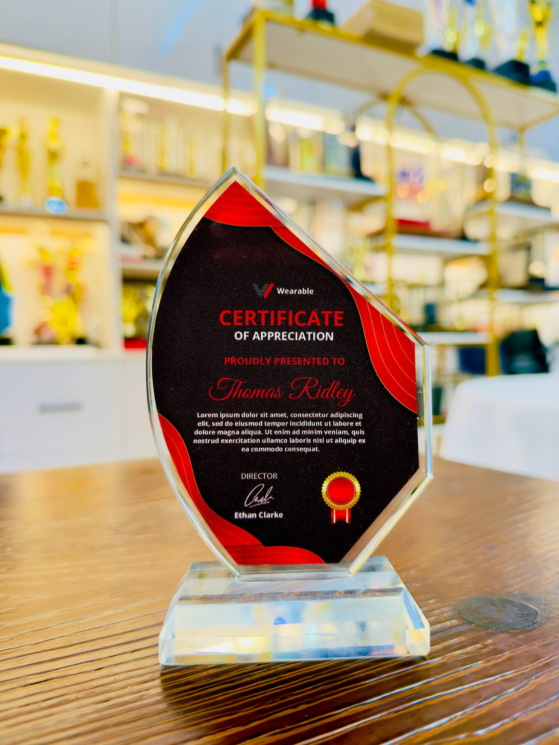 Budget Crystal Plaque 22 With Box – custom appreciation plaque Custom red and black crystal appreciation plaque with asymmetric shield shape and clear crystal base
