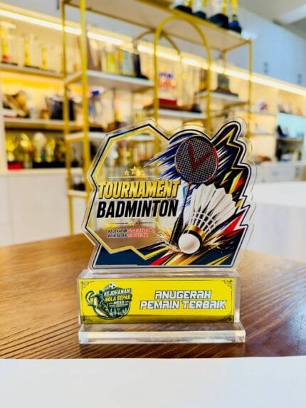 Ready stock badminton acrylic plaque with racket, shuttlecock and custom plate area