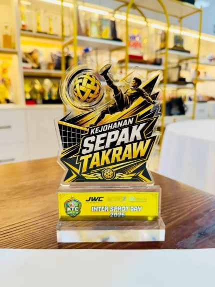Sepak takraw acrylic plaque Design 1 with kicking player and gold black Kejohanan Sepak Takraw artwork