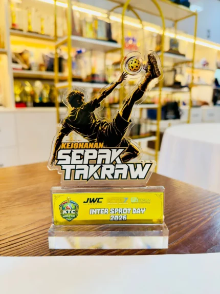 Sepak takraw acrylic plaque Design 2 with bicycle kick player and gold black Kejohanan Sepak Takraw artwork