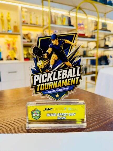 Ready stock pickleball acrylic plaque with player, paddle, ball and custom plate area