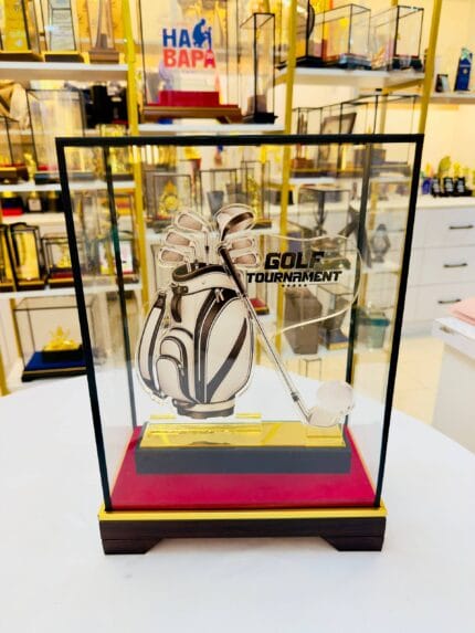 Ready stock Golf Tournament multi-layer acrylic plaque with golf bag and clubs inside a glass presentation box