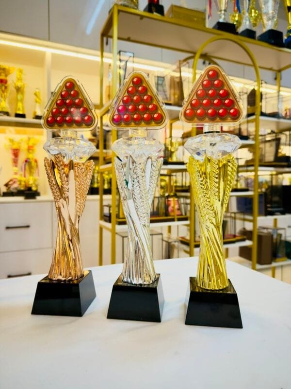 Exclusive resin snooker trophy available in gold, silver and bronze with black crystal base and customisable acrylic top