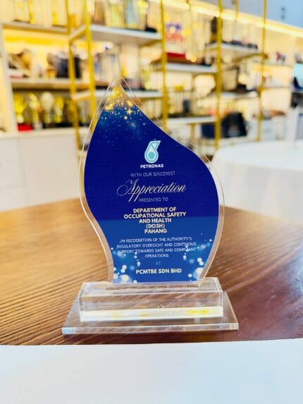 Blue custom printed corporate appreciation acrylic plaque with a clear acrylic base