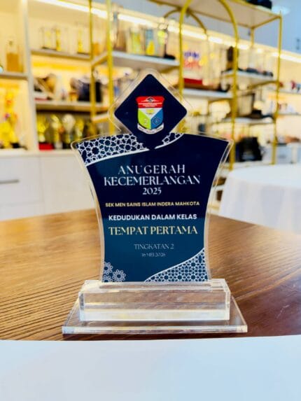 Custom printed navy blue acrylic school excellence award plaque with a clear acrylic base