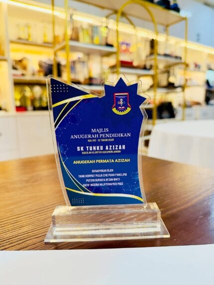Blue custom printed acrylic school award plaque with a clear acrylic base