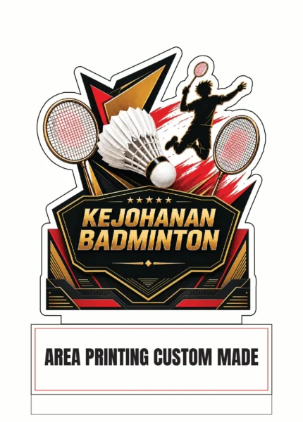 Badminton acrylic plaque Design 1 with rackets, shuttlecock and Kejohanan Badminton artwork