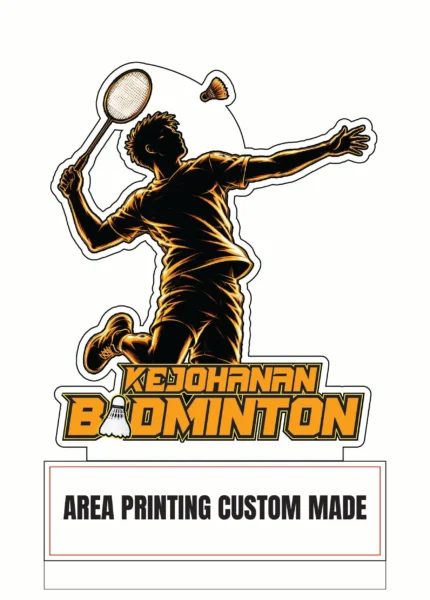 Badminton acrylic plaque Design 2 with player silhouette and shuttlecock artwork