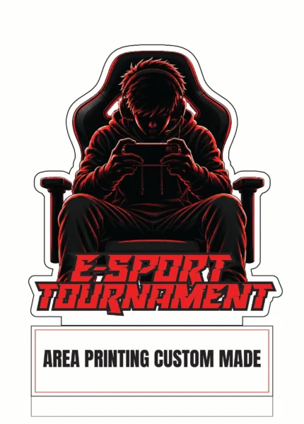 E-sports tournament acrylic plaque Design 3 with a gamer using a controller in a gaming chair and red black artwork