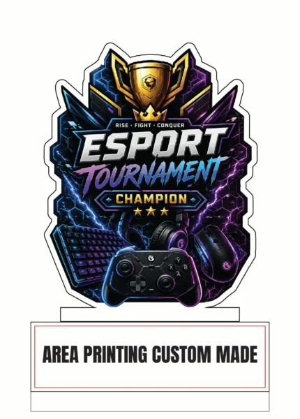E-sports tournament acrylic plaque Design 1 with trophy, gaming controller, keyboard and headset artwork
