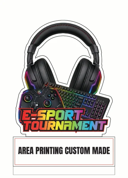 E-sports tournament acrylic plaque Design 2 with headphones, gaming controller and keyboard artwork