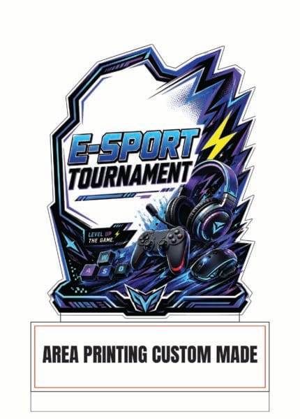 E-sports tournament acrylic plaque Design 4 with blue gaming headset, controller, mouse and custom plate area