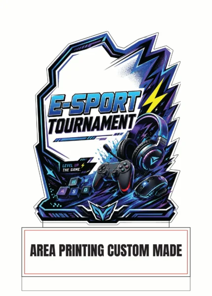 E-sports tournament acrylic plaque Design 4 with blue gaming headset, controller, mouse and custom plate area
