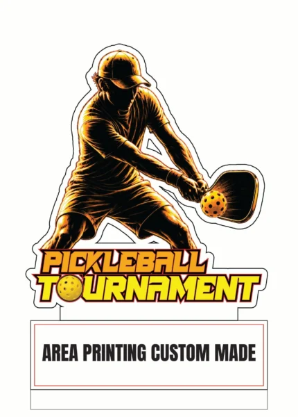 Pickleball acrylic plaque Design 4 with player, paddle, ball and orange tournament artwork