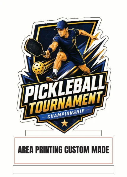 Pickleball acrylic plaque Design 2 with player, paddle, ball, blue gold championship artwork and custom plate area