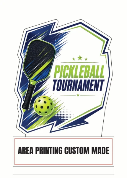 Pickleball acrylic plaque Design 1 with paddle, ball, green blue tournament artwork and custom plate area