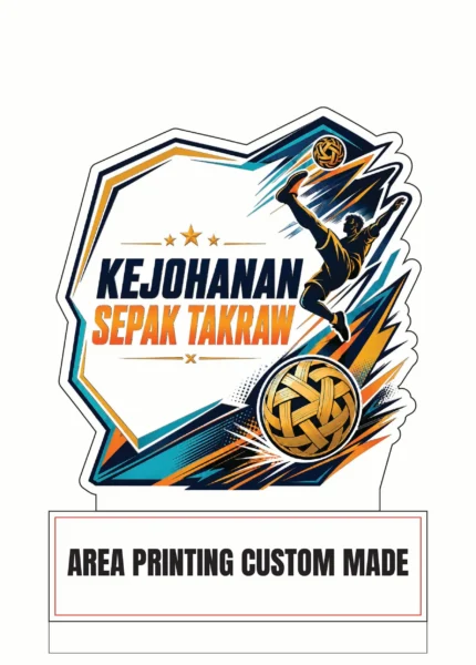 Sepak takraw acrylic plaque Design 3 with jumping player and orange blue Kejohanan Sepak Takraw artwork