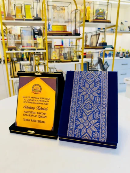 Blue Velvet Box Songket plaque presentation box with woven Songket motif