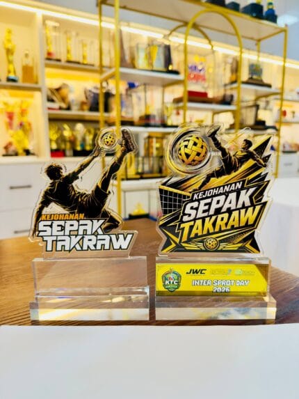 Ready stock sepak takraw acrylic plaques with player and ball artwork