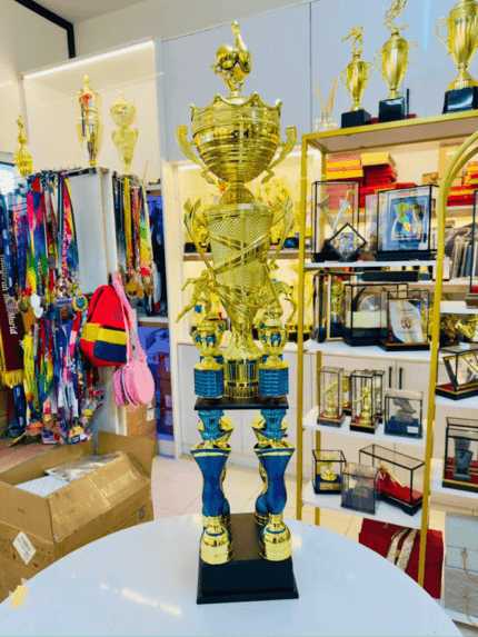2 Tier 4 Legs Cup Trophy 5 with blue accents and metal bowl
