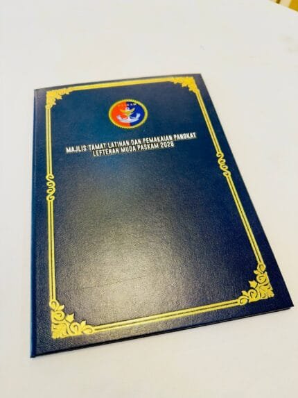 Blue hardcover certificate folder with gold decorative frame shown from the front