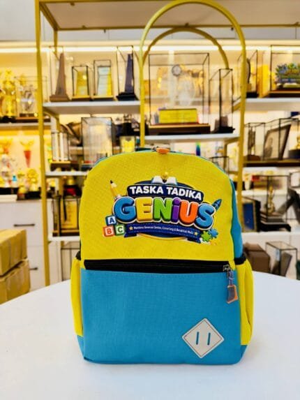Beg Tadika Standard Custom Printing B2 blue and yellow backpack front view