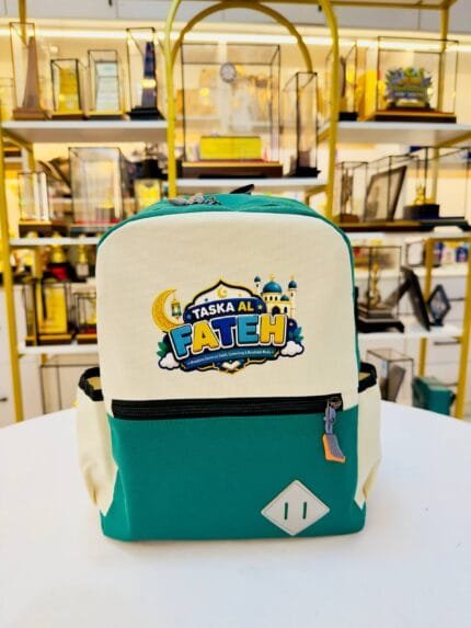 Beg Tadika Standard Custom Printing B1 green and cream backpack front view