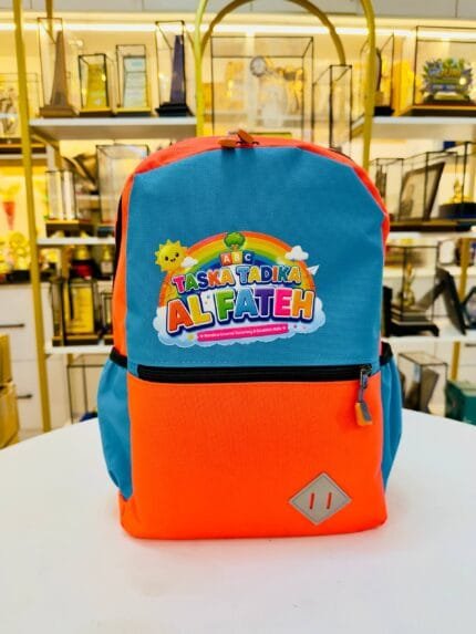 Beg Tadika Standard Custom Printing B3 orange and blue backpack front view