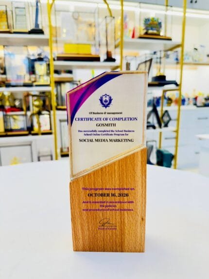 Crystal Plaque 24 with clear curved panel and natural wood base for custom award printing