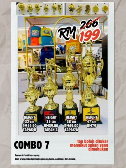 Combo 7 set of four gold trophies in heights 32 cm, 35 cm, 38 cm and 47 cm
